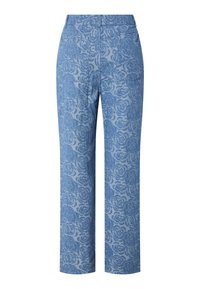 Blå raka byxor med ett mönster av rosor överallt och två bakfickor, visade från baksidan.