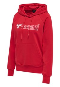 Czerwona bluza z kapturem wykonana z mieszanki bawełny, z przednią kieszenią kangurką, kapturem na sznurku oraz dużym białym logo "hummel" na piersi.