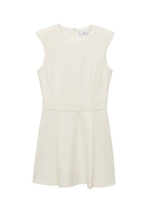 White dress with a textured fabric, fitted bodice, and flared skirt. Features short cap sleeves and a back zip closure.