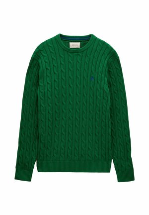 Green cable-knit crewneck sweater with long sleeves, ribbed cuffs, hem, and a small embroidered logo on the left chest.