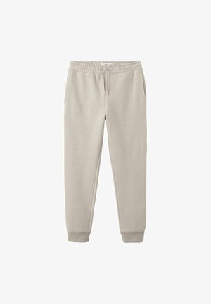 Hellgraue Jogginghose mit elastischem Bund, Kordelzug und schmal zulaufenden Bündchen. Hergestellt aus weichem, strukturiertem Stoff mit Seitentaschen.