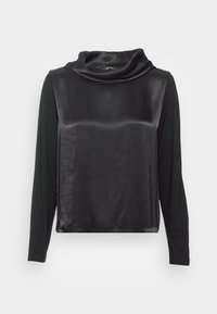 Musta pitkähihainen paita, jossa on satiininen cowl-kaulus ja matta kankaan runko, rento istuvuus ja suora helma.