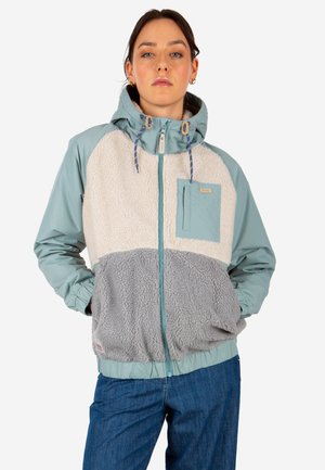 Lightweight hooded jacket with a soft fleece body. Features mint green and gray colors, a front zip, and a chest pocket. Textured fabric accents.
