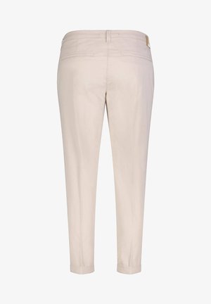 Beige Hosen mit geradem Schnitt, die eine glatte Textur, eine mittelhohe Taille, zwei Gesäßtaschen und umgeschlagene Bündchen aufweisen. Einfaches Design mit minimalen Details.