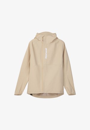 Chaqueta beige con capucha, cierre frontal completo con cremallera y logo vertical blanco "Normal" impreso en el centro del pecho.