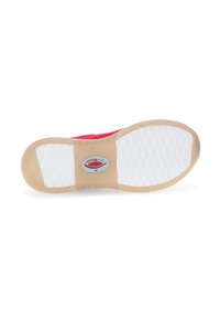 Red shoe with a textured fabric upper and a cream-colored rubber outsole featuring an oval logo, designed for comfort and support.