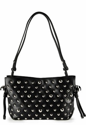 Sac à bandoulière en cuir noir avec double sangle, orné de clous ronds argentés brillants régulièrement espacés, et détails de liens sur les côtés.