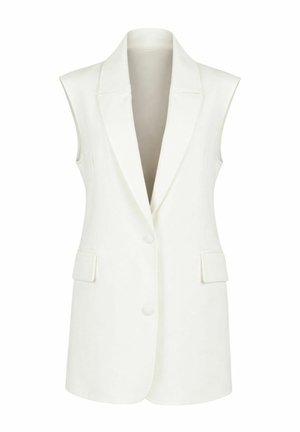 Blazer bianco senza maniche con ampi revers, due tasche frontali con pattina e due bottoni sul davanti.