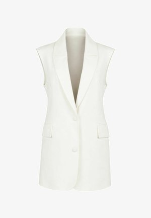 Blazer bianco senza maniche con ampi revers, due tasche frontali con pattina e due bottoni sul davanti.