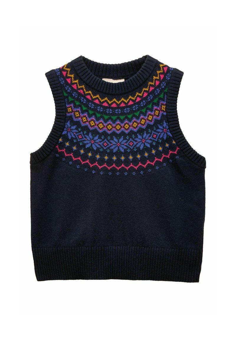 Tumš zilās adītas bez piedurknēm džemperis ar krāsainu ģeometrisku rakstu sarkanā, zaļā, zilā un dzeltenā krāsā ap kakla izgriezumu. Ribota apakšmala.