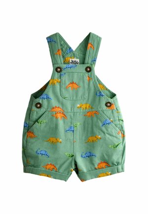 Zielone ogrodniczki dla malucha z kolorowymi nadrukami dinozaurów, drewnianymi guzikami i przednią kieszenią opisaną "JoJo."