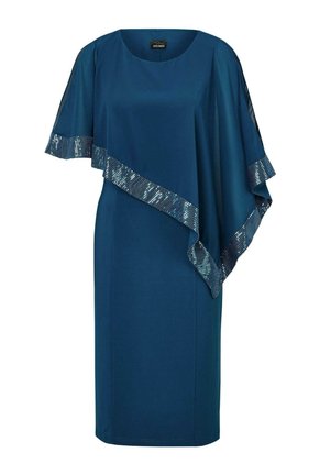Teal dress with a loose fit, short sleeves, and a decorative sequined trim along the asymmetrical hem for added detail.