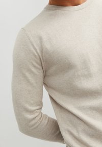 Beige stickad tröja med långa ärmar och rund halsringning, med en mjuk textur och klassiska design detaljer.