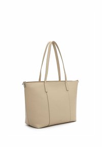 Beige leather tote bag with two long handles, rectangular shape, and minimal stitching detail, shown on white background.