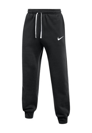 Pantalones deportivos negros Nike con cintura elástica, cordones blancos, tobillos ajustados y logotipo blanco de Nike en el muslo izquierdo.