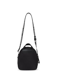 Black square crossbody bag with adjustable strap featuring white "KARL LAGERFELD" text, top handle, and side zipper pull.