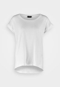 T-shirt blanc à manches courtes avec un col rond, un ourlet arrière légèrement plus long, en tissu doux avec des manches retroussées et sans motifs.