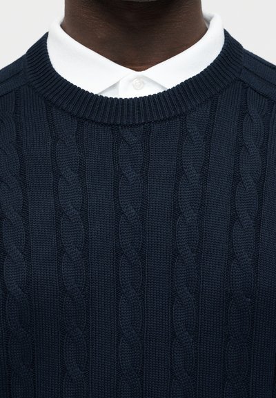 Σκούρο μπλε πουλόβερ με πλέξη καλωδίου φορεμένο πάνω από λευκό πουκάμισο με γιακά, εμφανιζόμενο από τον λαιμό έως το πάνω μέρος του στήθους.