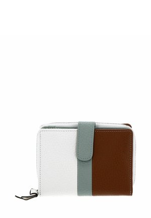 Portefeuille multicolore avec un corps blanc texturé, des accents marron et bleu sarcelle, et une fermeture à rabat sécurisée. Compartiment zippé visible.