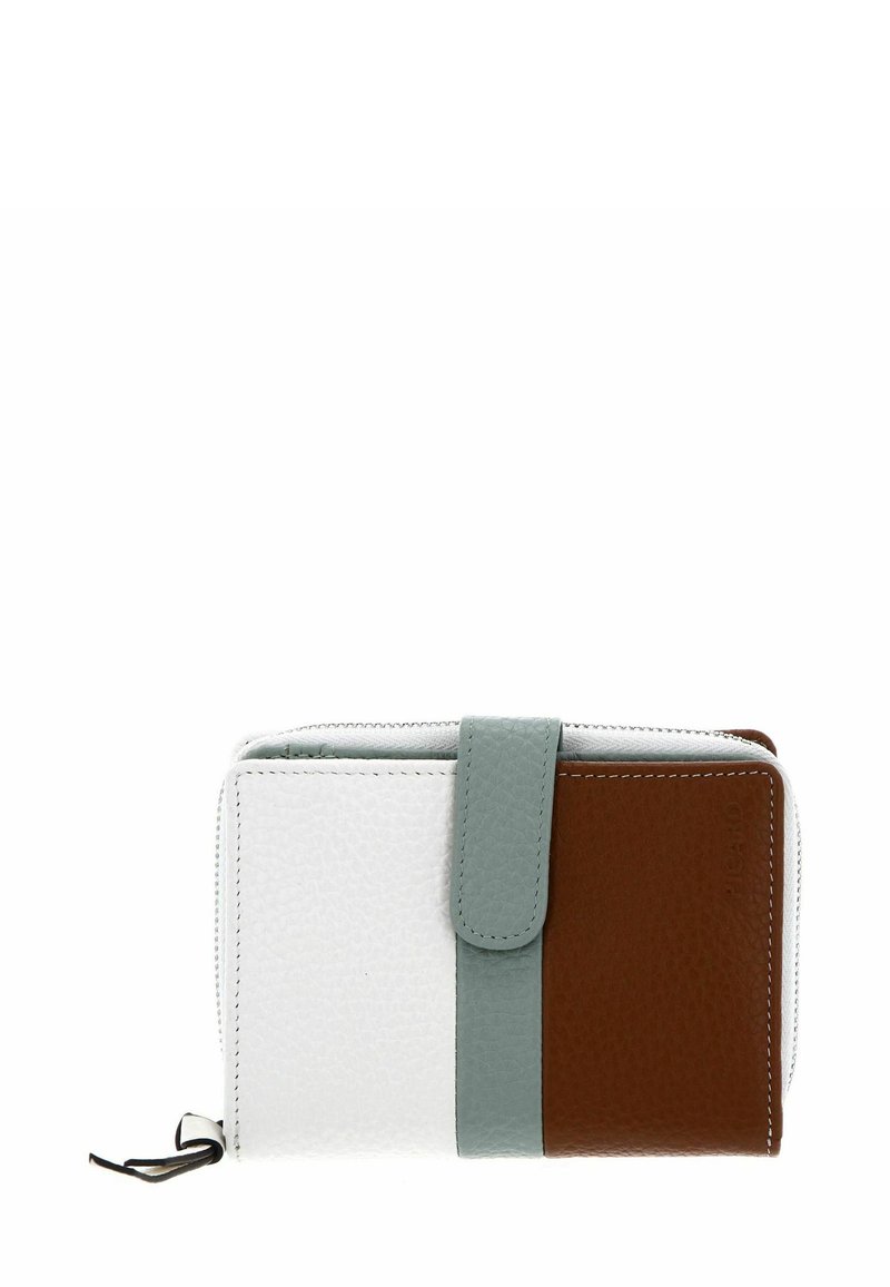 Portefeuille bifold en cuir texturé blanc, marron et sarcelle. Comprend une fermeture à rabat et une couture contrastante. Détail à fermeture éclair sur le côté.