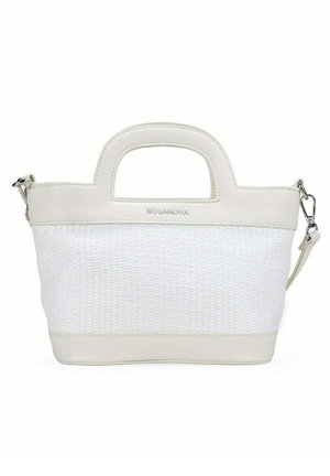 Bolso blanco tejido con asas cortas, correa para el hombro desmontable y logo de Bosanova en el borde superior de cuero.