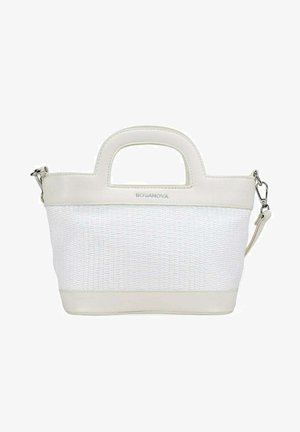 Bolso blanco tejido con asas cortas, correa para el hombro desmontable y logo de Bosanova en el borde superior de cuero.