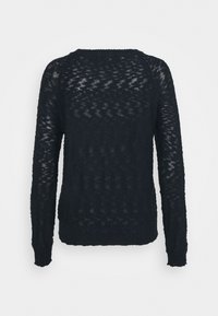 Tmavě modrý pletený svetr s dlouhými rukávy, texturovaným vzorem, kulatým výstřihem a žebrovaným lemem a manžetami. Lehký a částečně průsvitný materiál.