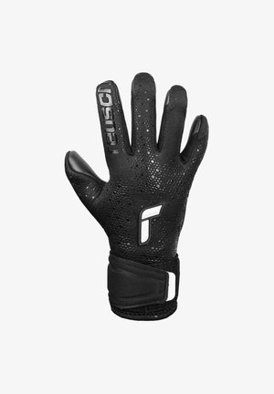 Gant de gardien de but noir avec un motif de surface texturé, des bouts des doigts renforcés et une sangle de poignet en velcro avec un logo blanc.