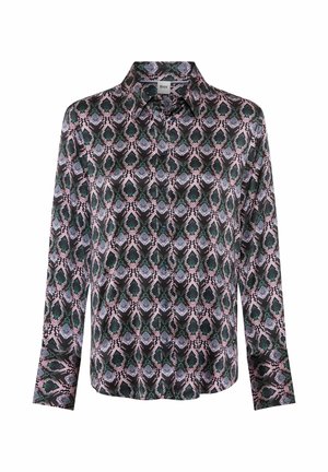Camicia in tessuto nero, verde e rosa a fantasia, con colletto, maniche lunghe e chiusura frontale con bottoni. Texture liscia e leggera.