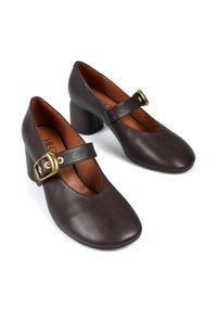 Brązowe skórzane czółenka Mary Jane z okrągłym noskiem, średniej wysokości blokowym obcasem i szerokim paskiem z detalem z złotego metalu.
