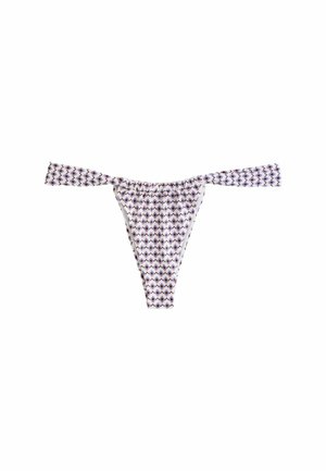 Dámske bikiny nohavičky s bielou látkou a malým vzorom fialových a čiernych diamantov, bočné viazacie šnúrky, riasenie v strede vpredu.