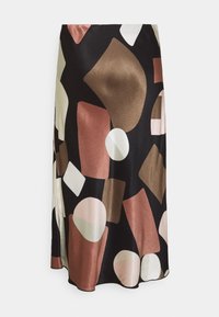 Satin midi-hame mustalla taustalla, jossa on abstrakteja muotoja pronssin, vaaleanpunaisen, kerman ja valkoisen sävyissä. Sujuva materiaali ja virtaava muotoilu.