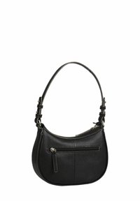 Borsa a spalla in pelle nera con superficie texturizzata, design curvo, tracolla regolabile e una tasca frontale con zip per una sicura conservazione.