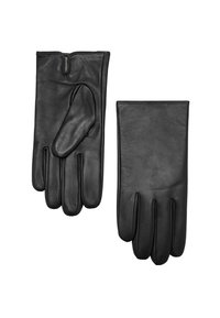 Guantes de cuero negro con una textura suave, que presentan un diseño tradicional de cinco dedos y un ajuste ceñido en las muñecas.