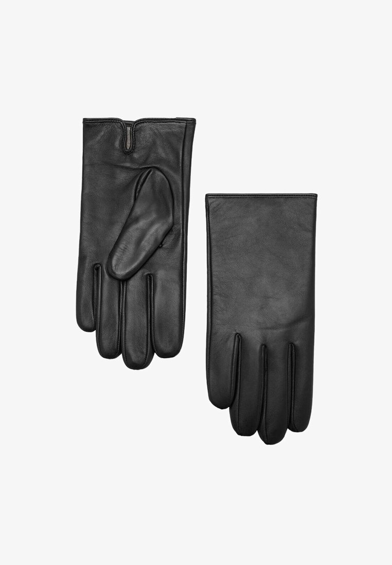 Guantes de cuero negro con una textura suave, que presentan un diseño tradicional de cinco dedos y un ajuste ceñido en las muñecas.