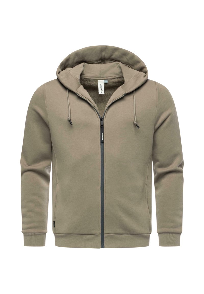 Khaki Zip-Hoodie mit gefütterter Kapuze, Kordelzügen, zwei Seitentaschen und gerippten Bündchen, aus weichem, strukturiertem Stoff gefertigt.