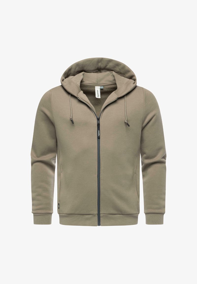 Khaki Zip-Hoodie mit gefütterter Kapuze, Kordelzügen, zwei Seitentaschen und gerippten Bündchen, aus weichem, strukturiertem Stoff gefertigt.