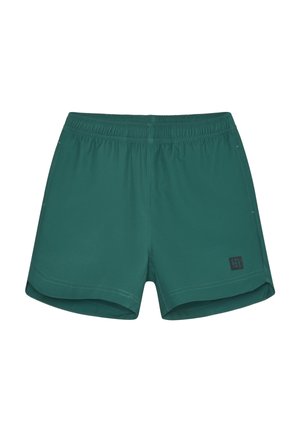 Türkisfarbene Badeshorts mit elastischem Bund, glatter Textur und dezenten Nähdetails. Kleines Markenlogo an der unteren rechten Seite.