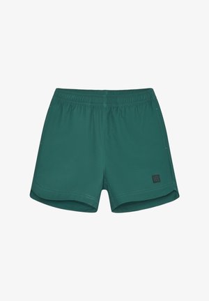 Türkisfarbene Badeshorts mit elastischem Bund, glatter Textur und dezenten Nähdetails. Kleines Markenlogo an der unteren rechten Seite.