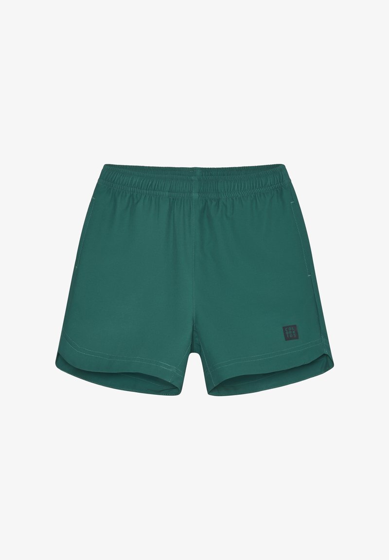 Bañador corto verde azulado con cintura elástica, textura suave y detalles sutiles de costura. Pequeño logo de la marca en el lado derecho inferior.