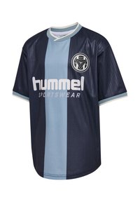 Blå och mörkblå randig fotbollströja med korta ärmar, krage och "hummel"-logotyp på framsidan. Har ett grafiskt emblem på bröstet.