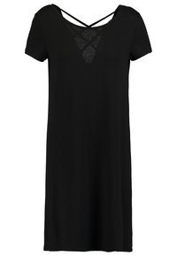 Robe noire à manches courtes avec une coupe décontractée, présentant un insert en dentelle au niveau du col et des détails de bretelles croisées dans le dos.