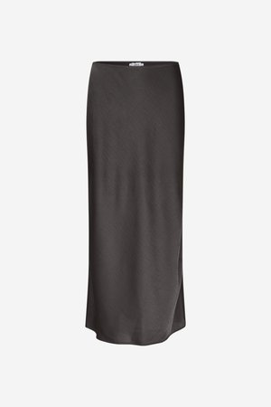 Dark gray midi skirt made from smooth, lightweight fabric; features a straight silhouette and subtle side slits at the hem.