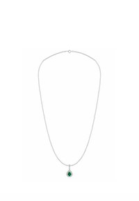 Strieborný náhrdelník s jemným reťazcom a príveskom v tvare slzy zo zeleného drahokamu, obklopený kruhovým akcentom.