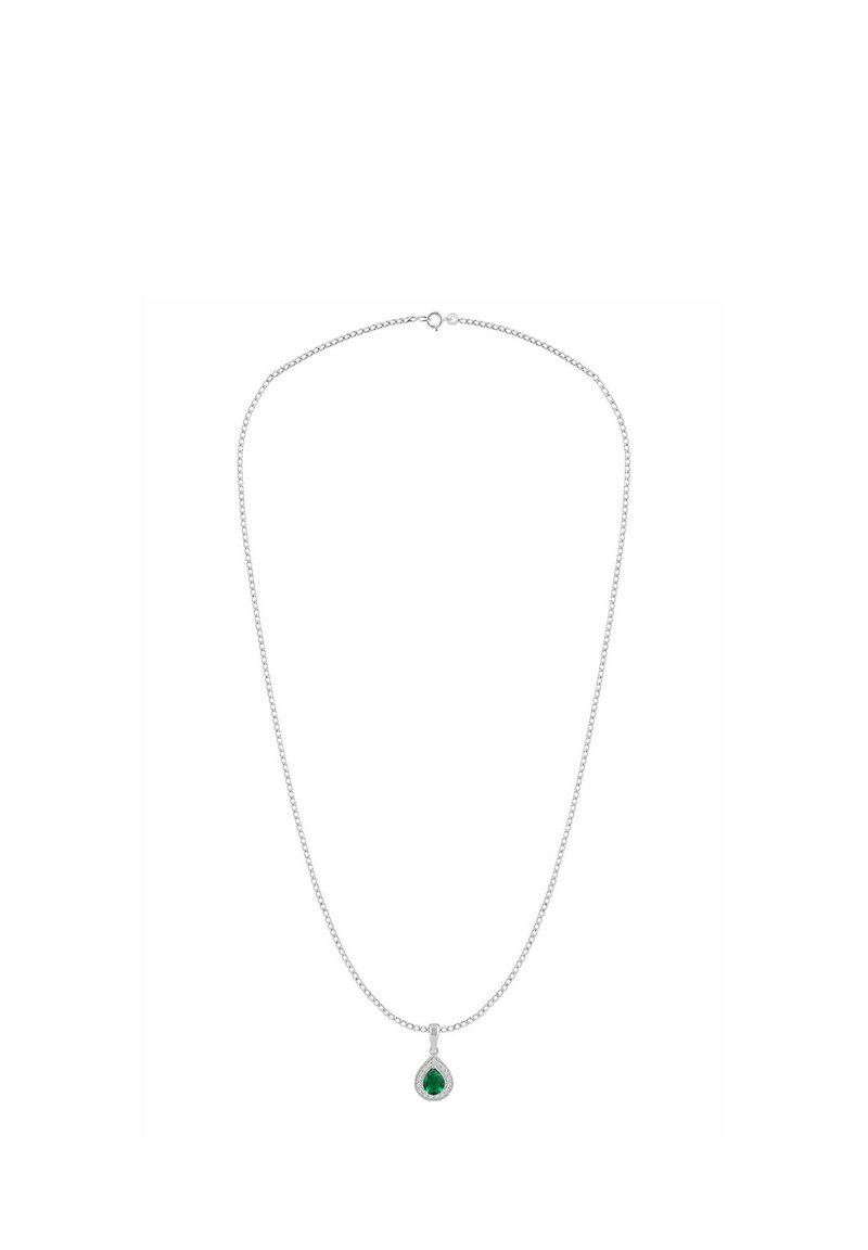 Strieborný náhrdelník s jemným reťazcom a príveskom v tvare slzy zo zeleného drahokamu, obklopený kruhovým akcentom.