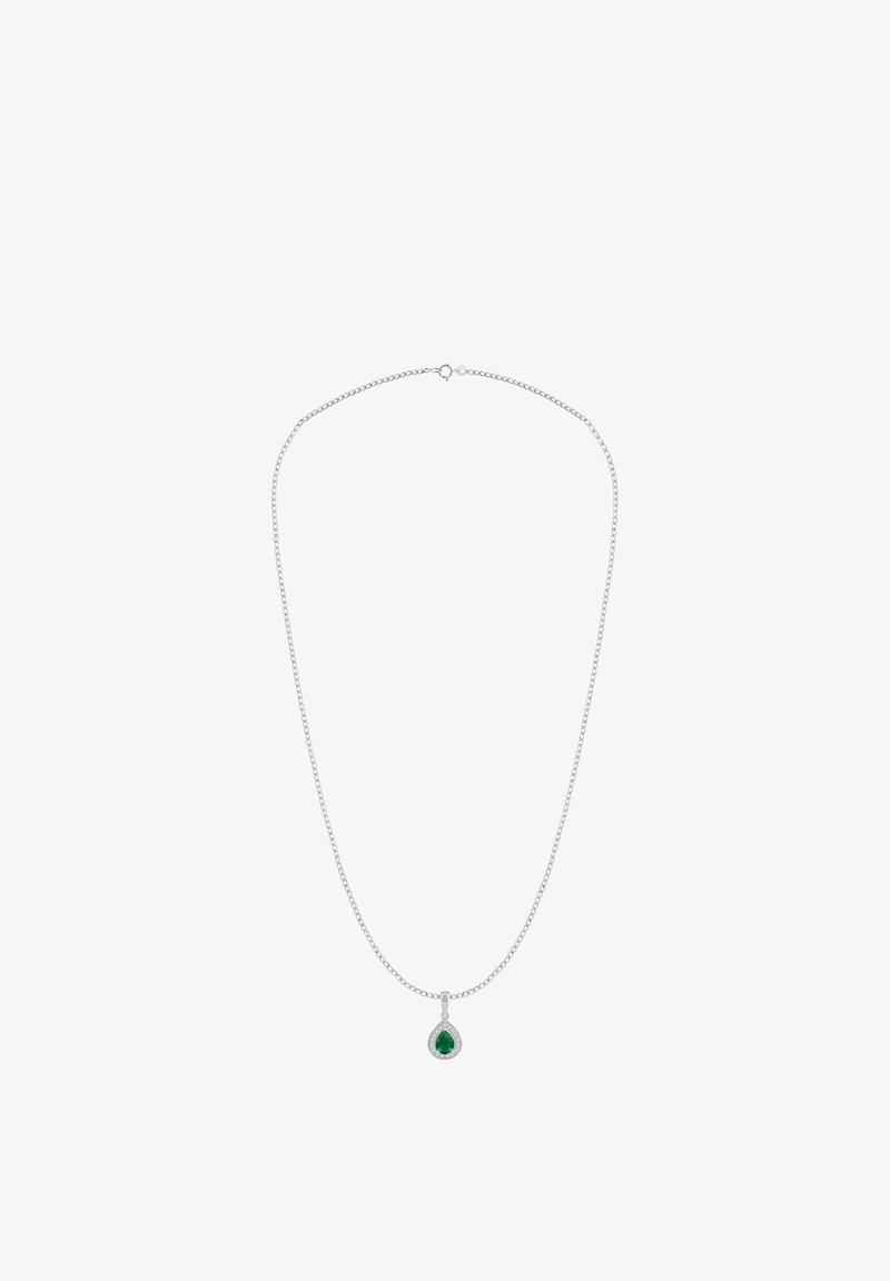 Strieborný náhrdelník s jemným reťazcom a príveskom v tvare slzy zo zeleného drahokamu, obklopený kruhovým akcentom.