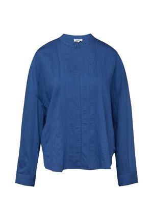 Blauw shirt met lange mouwen, een gestructureerde stof, ronde hals en een enkele knoop bij de kraag, losse pasvorm.
