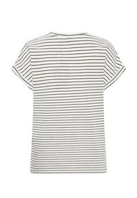 T-shirt blanc à manches courtes avec de fines rayures horizontales noires, vu de dos sur un fond blanc.