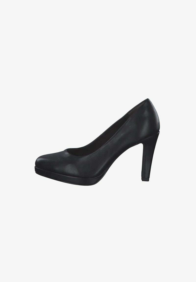 Escarpin noir à talons hauts fait de matériau synthétique lisse, avec un bout arrondi et une semelle plateforme modérée de 10 cm.