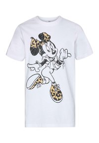 Hvit bomulls T-skjorte med leopardmønstret Minnie Mouse-trykk i svart og gult, med kortermede og rund hals design.